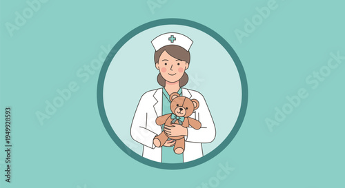 Pediatric Nurse Holding Teddy Bear in Medical Uniform.