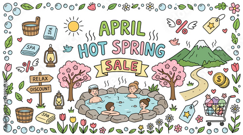 April Hot Spring Sale Doodle Border With People Enjoying Onsen  Cherry Blossoms