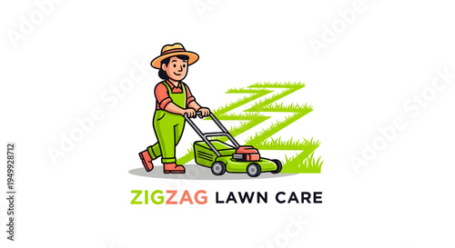 Person mowing lawn with zigzag pattern in background.