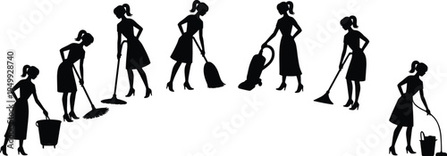 House cleaning woman silhouettes set with broom, mop, bucket and vacuum cleaner, housekeeping service concept isolated on white background vector illustration