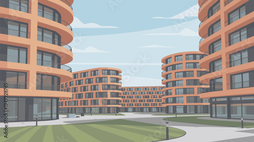 A modern apartment complex with orange buildings and a green courtyard