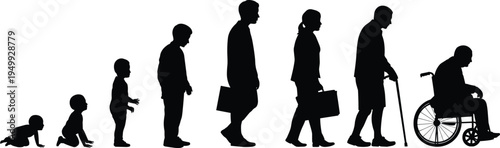 Human life evolution silhouettes from baby crawling to elderly man in wheelchair, aging stages timeline concept isolated on white background illustration