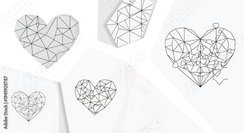 Geometric heart designs in various styles and backgrounds 