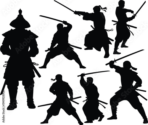 Samurai warrior silhouettes collection with katana swords in dynamic fighting poses, traditional Japanese fighters isolated on white background, martial arts combat concept
