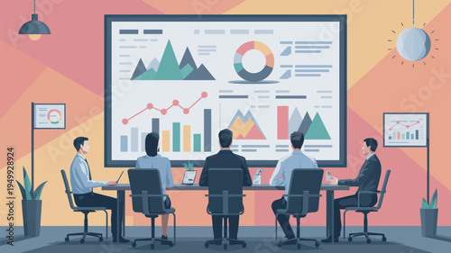 A group of business professionals analyzing data on a large screen in a modern conference room with colorful graphics and charts.