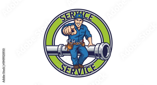 Plumber Service Logo with Worker Pointing and Pipe Illustration.
