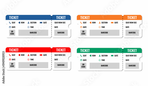 Vector ticket template sheet with tear-off stubs, QR code and barcode