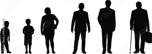 Human life stages silhouettes from child to elderly man showing aging process, people growth timeline isolated on white background, life cycle concept