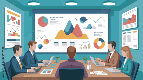 A group of business professionals engaged in a meeting with market research data displayed on a large screen
