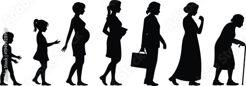 Woman life stages silhouettes from girl to elderly woman with walking cane, female aging timeline concept isolated on white background illustration