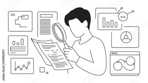 A man examines a document with a magnifying glass surrounded by various charts and graphs.