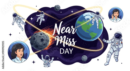 Illustration of Near Miss Day with astronauts and planets in space, conveying awareness of asteroid near Earth and planetary defense concept.