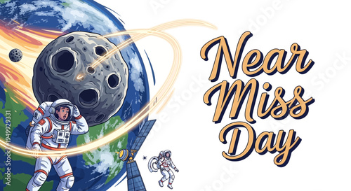 Illustration of an astronaut in a spacesuit standing on Earth with a large asteroid passing by, symbolizing Near Miss Day concept with a sense of space threat awareness and planetary