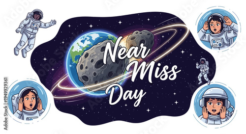 Illustration of Near Miss Day with astronauts and a moon orbiting Earth on a dark background with stars, conveying a space threat awareness concept in a digital style.
