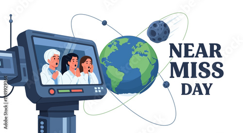Illustration of Near Miss Day with a monitor showing people, a globe, and orbiting objects in space, symbolizing asteroid close approach and planetary defense concept.