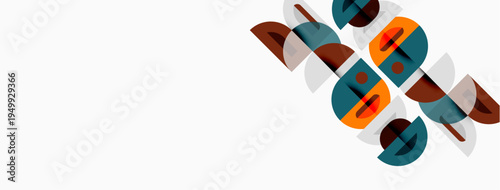 Abstract geometric shapes overlap, creating dynamic visual composition. Brown, teal, orange hues dominate white background. Minimalist design.