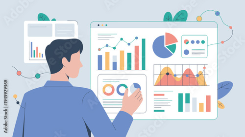 A man in a blue shirt analyzing colorful graphs and charts on a large computer screen in a creative workspace.