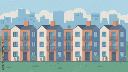 A row of colorful townhouses in a suburban neighborhood with a city skyline in the background