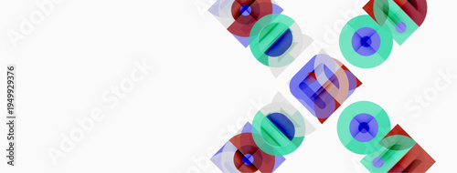 Abstract geometric shapes overlap, creating colorful patterns. Blue, green, red hues dominate white background. Modern design elements present.