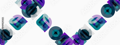Abstract geometric shapes overlap, creating dynamic visual pattern. Purple, teal hues dominate white background. Modern design element.