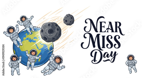 Illustration of astronauts reacting to asteroids passing by Earth on Near Miss Day with a space threat awareness concept.