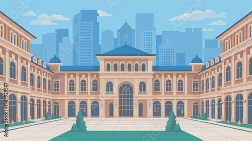 A large, peach-colored building with blue accents and a city skyline in the background.