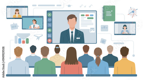 A group of people participate in an online meeting with a presenter on a large screen