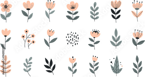 Set of Hand-Drawn Floral and Leaf Icons in Soft Pastel Colors