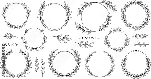 Set of Hand-Drawn Floral and Leaf Wreaths in Black and White