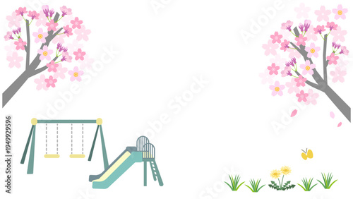 桜の木と公園遊具の春フレーム背景イラスト素材