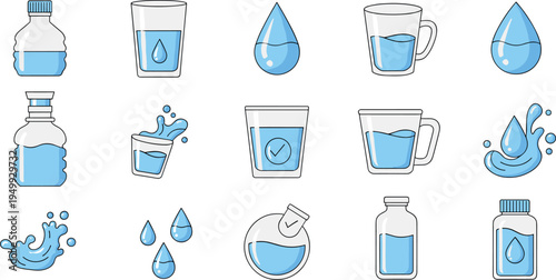 Set of Water Icons with Bottles, Droplets, Glasses, and Splash Elements for Hydration and Eco-Friendly Designs