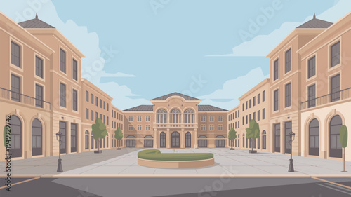 A serene and elegant city square with a large building in the background and a round garden in the center