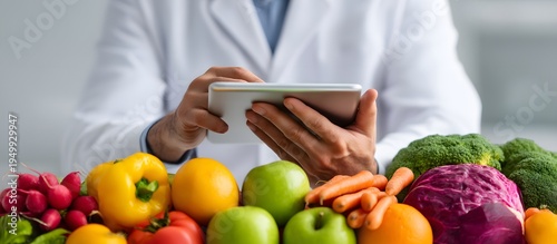 A nutritionist holds a tablet near fresh fruits and vegetables. A doctor uses technology to plan diets or conduct medical consultations. A healthcare professional uses a digital tablet 