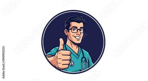 Smiling Male Doctor in Scrubs Giving Thumbs Up Gesture.