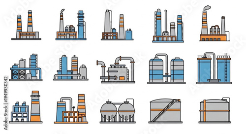 Collection of Industrial Plant and Factory Illustrations in Vector Format.