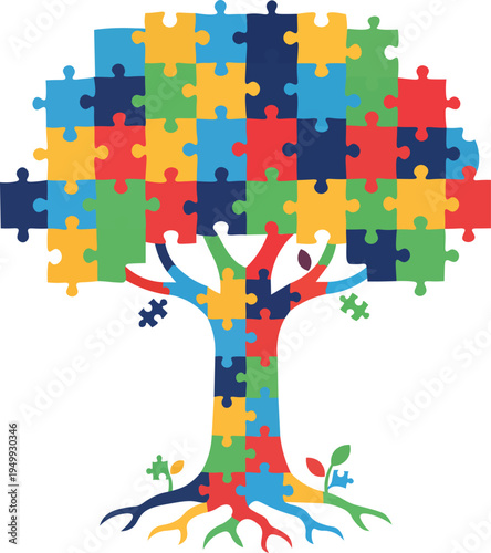 Autism Awareness Tree Made of Puzzle Pieces Support Design