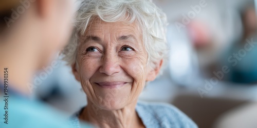 Smiling senior woman talking with caregiver at home. Elderly woman receiving daily assistance and support. Senior care and companionship concept. Positive aging and independent living lifestyle. 