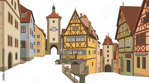Illustration of a quaint town with half-timbered houses and a clock tower.
