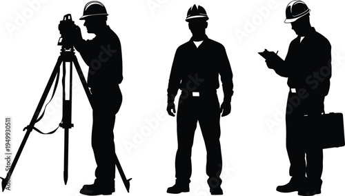 Construction surveyor silhouette set, land engineer with theodolite tripod, worker holding clipboard, architectural site measurement