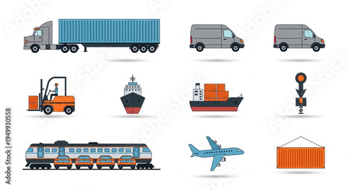 Diverse Transportation Methods - Truck, Van, Forklift, Ship, Train, and Airplane.
