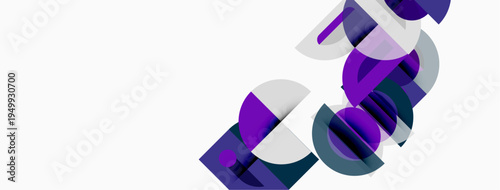 Abstract geometric shapes overlap, creating dynamic composition. Purple, teal hues dominate white background. Modern design elements present.