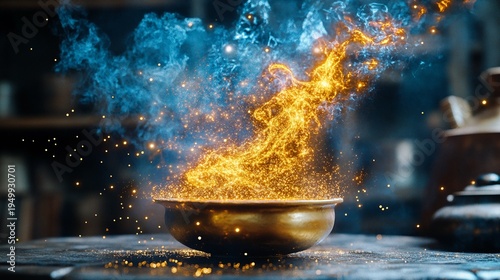 Wallpaper Mural A mystical bronze bowl on fire with blue smoke and sparks on a dark background conveying magic and energy Torontodigital.ca