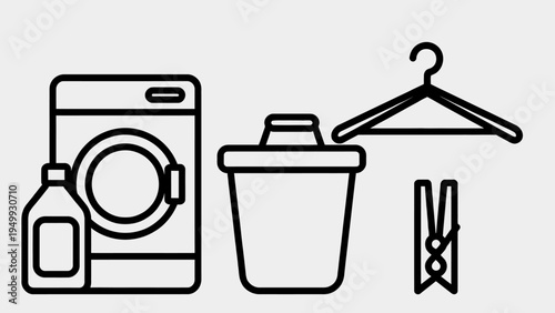 Laundry, washing, cleaning icons, set of 4, line style, black and white