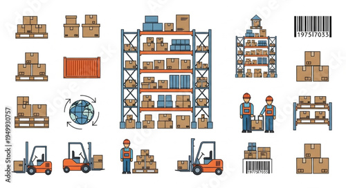Warehouse Logistics and Distribution Elements - Shelves, Boxes, Workers, and Equipment.