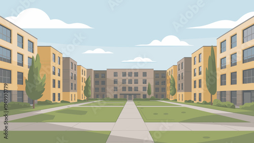 A serene university campus with modern buildings and green spaces on a sunny day