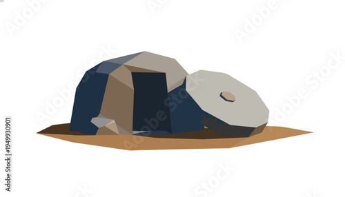 Empty tomb with rolled stone low poly vector illustration. Easter resurrection concept isolated on transparent background