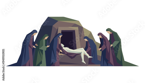 Entombment of Christ in the sepulchre low poly vector illustration. Good Friday biblical scene isolated on transparent background