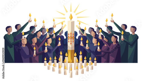 Easter vigil congregation lighting candles vector illustration. Geometric low poly design of Paschal candle and church community. Religious ceremony graphic isolated on transparent background