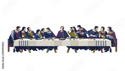 The Last Supper with Jesus and disciples low poly vector illustration. Holy Thursday biblical scene isolated on transparent background