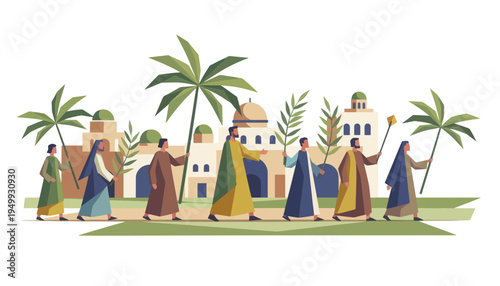 Palm Sunday procession with people holding palm branches. Low poly geometric vector illustration isolated on transparent background